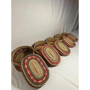 Set of 5 Vintage Handmade Woven Wicker Oval Nesting Baskets w/ Lids Boho Decor